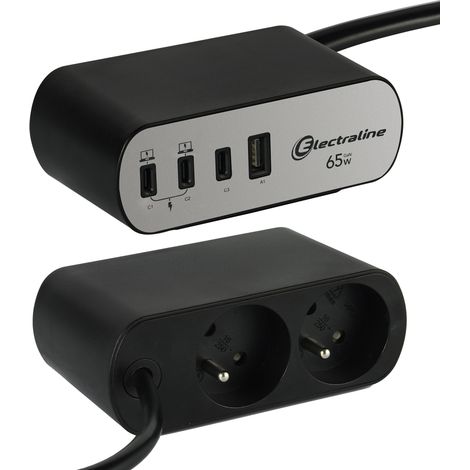 Bloc Multiprise pour Bureaux Electradock avec 2 Prises Françaises + 4 USB (3 USB C PD65W + 1 USB A QC) + 1 support de bureau (1/5)