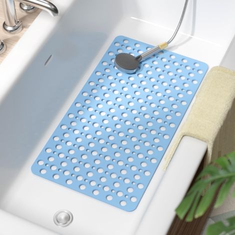 Alfombra de baño antideslizante, 70 x 40 cm, fabricada en TPE, para baño y ducha, con ventosas, drenaje eficaz, suave para los pies y fácil de limpiar, azul