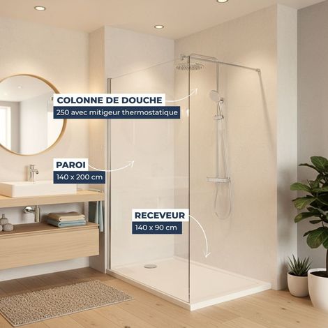 Dusch-Komplettset – Walk-In Duschwand 140x200 Chrom + SAT Duschsäule 3 Strahlarten + Gussmarmor-Duschwanne Weiß 140x80 (SAT100C7