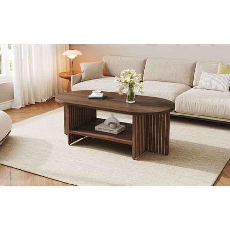 Tavolino da caffè ovale 100x40x35 cm con ripiano inferiore, design a scanalature, MDF, noce (1/5)