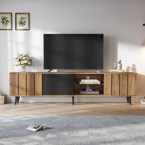 Meuble TV lowboard 175cm noir/bois - 3 portes de rangement - Adapté pour téléviseur jusqu'à 75" - Design moderne salon (1/5)