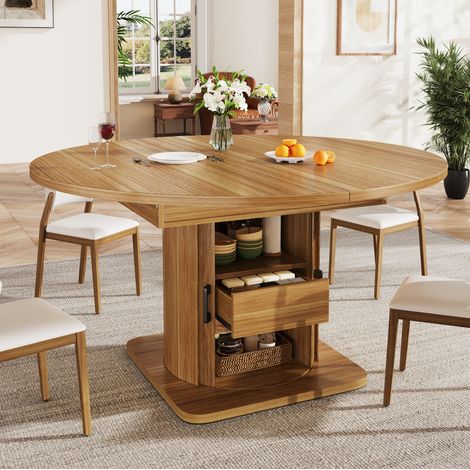 MEUBLIV Mesa de comedor extensible 118-158 cm marrón oscuro con almacenaje, 6 personas (1/5)