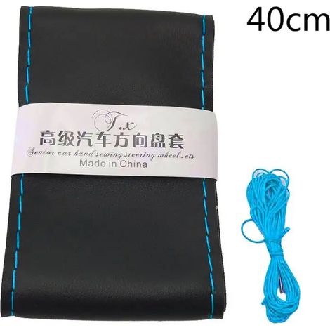 (40 cm noir bleu-) Housse de volant en cuir souple tressé pour voiture avec intérieur cousu à l'aiguille et au fil (1/5)