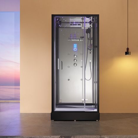 Boreal Sauna – Cabine de douche hammam 100x90 cm – Miroir – Générateur 3 kW – Ciel étoilé LED – Douchette Hansgrohe 3 jets – Ventilation automatique (1/5)