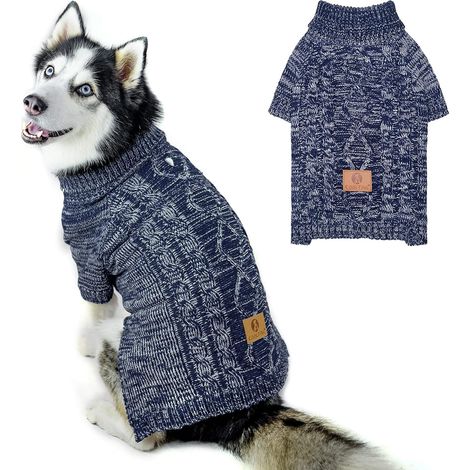 Animaux de compagnie hiver tricot col roulé pull chaud (L, bleu) 1 pièce (1/5)