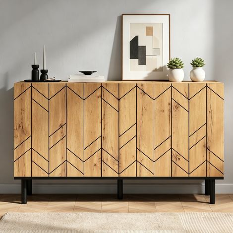 Buffet bas en bois 120x35x70cm avec 3 portes façades ondulées-rangement fermé-pieds Métal-Panneau de particules Effet bois Noir (1/5)