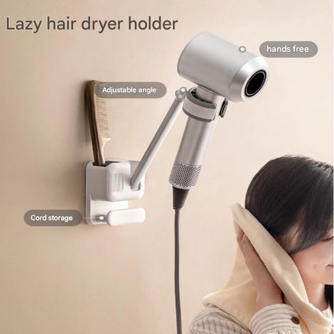 Supporto per asciugacapelli a mani libere — Supporto da parete per bagno — Supporto regolabile a 360° — Per asciugare i capelli senza usare le mani — Installazione senza forature — Mensola portaoggett (1/5)