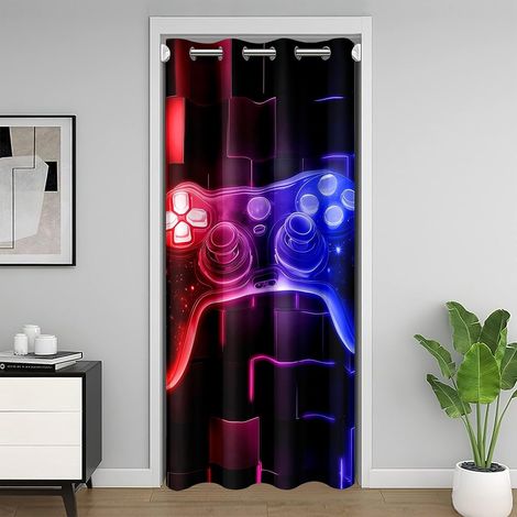 Rideau de Porte 132x203 Enfant Garçon Gamer Rouge Bleu, Rideaux Occultant Gaming Décoration Chambre Ado, Rideau de Placard Jeux Vidéo, Rideaux Intérieurs Carrée Géométrique Lumineuse - 132L X 203H cm (1/5)