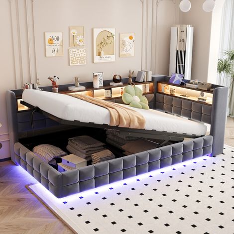 Letto divano imbottito 217x105.5x85 cm, vano idraulico, mensole in legno, LED, prese USB e Type C, grigio (1/5)
