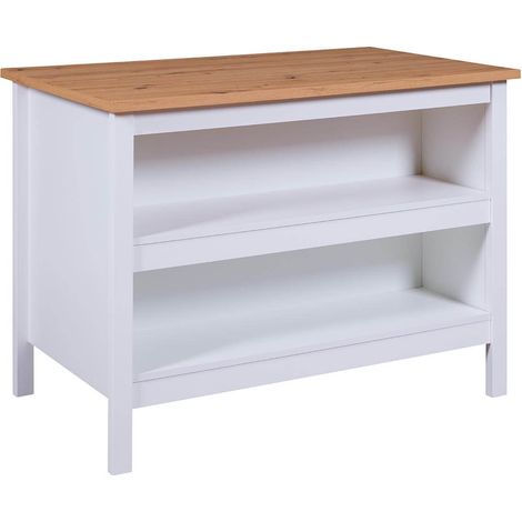 Altobuy – Ilot de cuisine blanc 124x75x92 cm – Plateau effet bois – Panneaux de particules et MDF – Ouverture arrière pour tabourets (1/5)
