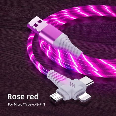 Taille 1m - Câble USB à LED 3 en 1, Micro USB-Type C-8 broches, Cordon de chargeur, Pour Samsung, IPhone 12, - Lumière rouge (1/3)