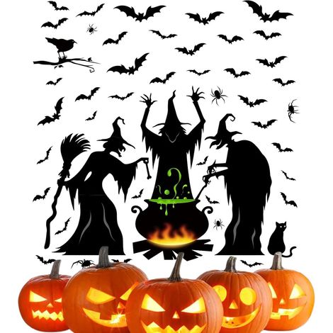 Autocollants Halloween Sorcières Chaudron Chauves-Souris Motif  Autocollants Porte Halloween pour Maison Chambre Fête Magasin Restaurant École Dortoir Verre Mur (1/5)