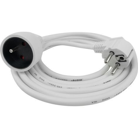 Verlängerungskabel mit 1 Steckdose, 3 m, mit/ohne 3x1,5mm2-Stecker, weiß