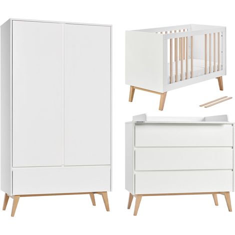 Chambre complète lit évolutif 60x120 commode à langer et armoire 2 portes Pinio Swing - Blanc et bois