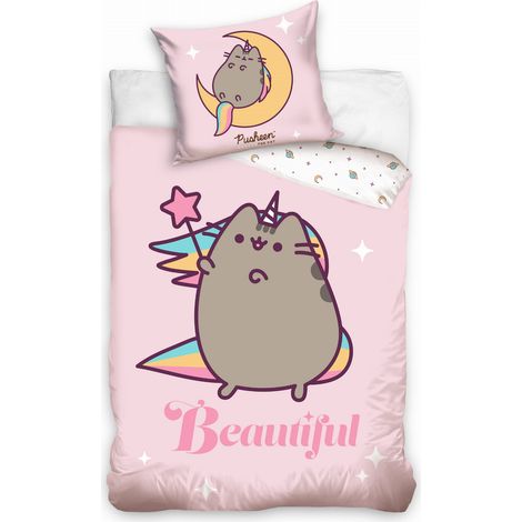 Parure de lit en coton 140x200 cm, motif licorne Pusheen rose