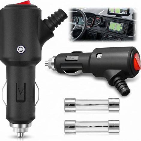 2 tomas de mechero de 12V/24V con interruptor rojo, enchufe de mechero metálico macho universal con clip anti-aflojamiento y 15A extra, para coche, camión, barco y motocicleta (1/5)