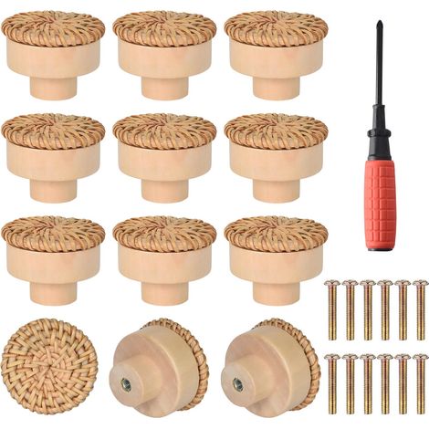 Boutons de Meuble en Rotin, Poignée de Tiroir en Bois, 12 Pièces Poignées de Meuble Bohème avec Vis pour Tiroirs, Armoires, Commodes, Penderies, Cuisine, Chambre (Couleur Bois) (1/4)
