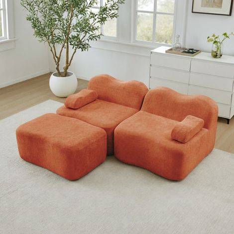 Canapé Modulaire en L 2 Places avec 1 Pouf, Design Ondulé, Coussin d\'Accoudoir Mobile, pour Salon et Appartement, Pas de Montage, (1/5)