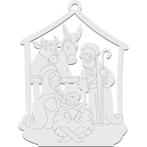 Adorno navideño de madera blanca con forma de belén y establo. (1/4)