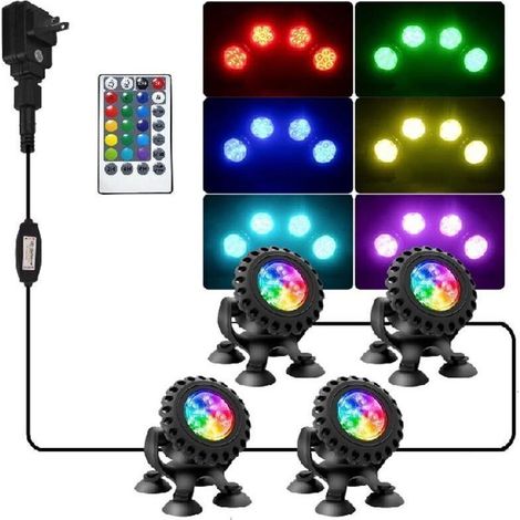 Lumière LED submersible RVB, projecteur 4 en 1 avec télécommande, étanche IP68 multicolore, pour aquariums, jardins, cours, piscines, fontaines,de