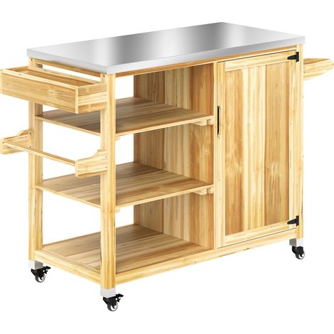 Îlot barbecue extérieur bois acier inoxydable avec placard étagères roulettes
