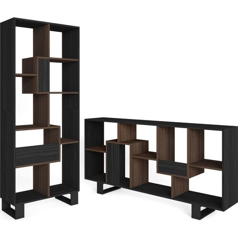 Skraut Home - Libreria scaffale, Scaffali in legno a ripiani, 67x31x174cm, Design industriale, Stile moderno, Nero e Rovere scuro (1/5)