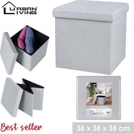 Pouf de rangement carré aspect lin - 37.5 x H 37,5 cm - Gris clair - Livraison gratuite