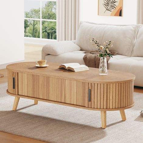 Table basse relevable 120x50x39,5cm, hauteur max 53,5cm, avec coffre caché, meuble d'appoint 5 niveaux, table de salon ou console, finition chêne clair (1/5)