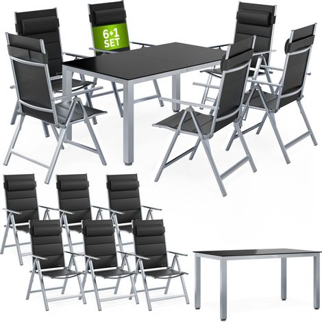 CASARIA® Bern 7 Piece Aluminium Garden furniture Set  6 Adjustable High Back Reclining Foldable Chairs With Head Cushions  Table 150x90cm Weatherproof Outdoor Patio Seating Group  Silber (de)