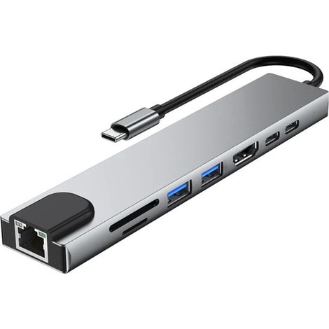 Hub USB-C 8-en-1, station d'accueil multiport avec port Ethernet RJ45 4K HD, port de charge USB 3.0 PD et lecteur de cartes SD/TF. Compatible avec MacBook, Chromebook et Matebook.