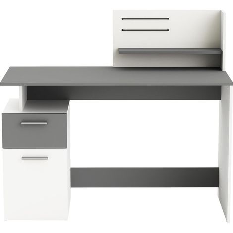 CALICOSY - Bureau 1 Porte et 1 Tiroir, Décor Gris et Blanc L121,5 cm - Platon