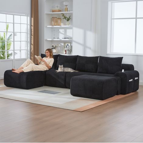 REDOM - Canapé modulable 4 places avec porte gobelet, poche latérale, velours côtelé noir (1/5)