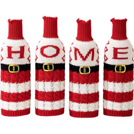 Lot de 4 housses de bouteille de vin de Noël - Motif Père Noël tricoté « HOME », lettres rayées, décorations de table pour les fêtes de fin d'année (1/5)