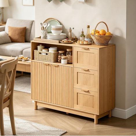 Credenza in legno, 90 x 35 x 80 cm, 3 cassetti, 1 nicchia aperta, HAVRYA (1/5)