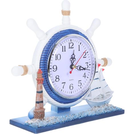 Kleine nautische Tischuhr – Holz/Metall – Leuchtturm/Ruder – geräuschloses Uhrwerk – Büro/Zuhause