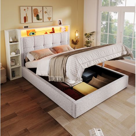 Polsterbett 90/200 cm beige aus Leinen und MDF mit LED, USB-C und Stauraum (1/5)