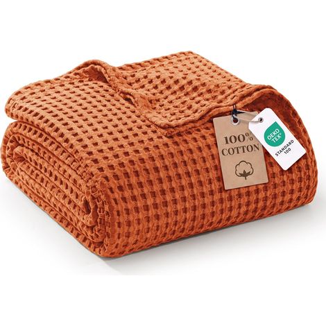 Mezcla Couverture Gaufrée en Coton 100%, Plaid Léger et Rafraîchissant, Doux et Respirant pour L’été, Idéal pour Canapé, Lit ou Voyage, 230x270 cm, Orange Brûlé (1/5)