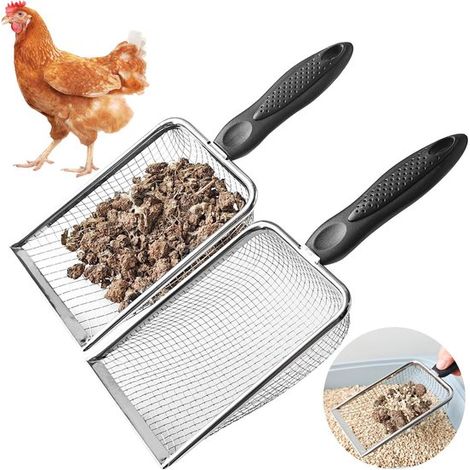 Pala para estiércol de gallina，Paquete de 2 palas para gallinero con mallas de 3,8 mm y 5 mm，herramienta de limpieza de metal para gallinero (1/5)