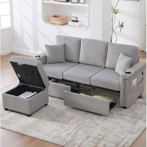 Canapé en velours côtelé gris clair 194 cm avec LED, USB-C et tiroirs de rangement (1/5)