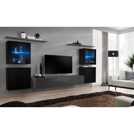 Ensemble mural - Switch XIV - 4 vitrines - 1 banc TV - 2 étagères - Noir et graphite - Modèle 2 - Livraison gratuite