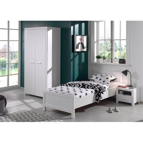 Lit 90x200 - Chevet 1 tiroir et Armoire 2 portes Vipack Erik - Blanc (1/5)