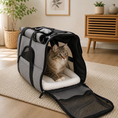belviona Katzentragetasche, Transporttasche mit Netzfenstern, herausnehmbarem Liegekissen & Schultergurt, bis 10 kg, grau (1/5)