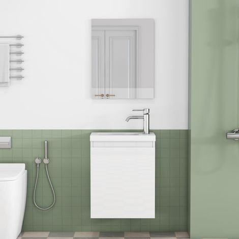 Badezimmerschrank mit waschbecken und spiegel 40 cm - Wandmontierter waschtisch mdf keramik für gäste-wc - Modern grifflos - Weiß hochglanz (1/5)