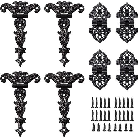 8 Pièces Charnières De Portes 26/60CM Avec 28 Vis Charnière Porte Placard Sculptées Bronze Portail Bois Noir Exterieur Gond Charniere Galvanisé pour Armoires Boîtes Bijoux Tiroirs (1/5)