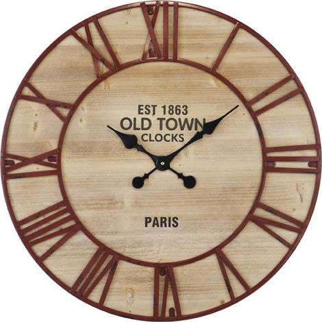 Horloge ronde en bois et métal rouillé 70cm (1/2)