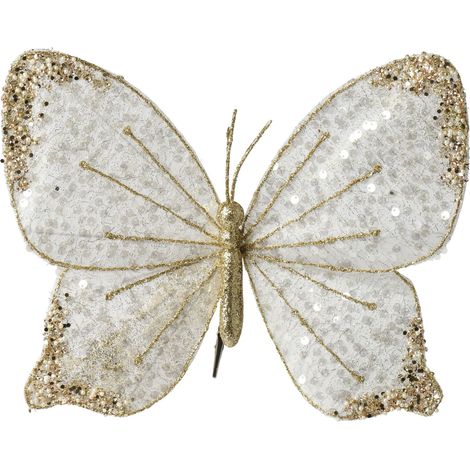 Farfalla con clip glitter 33 x 25 cm bianco/oro Peraga Christmas
