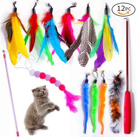 Jouet à plumes pour chats, canne à pêche rétractable avec 11 plumes