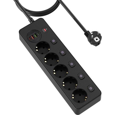 Steckdosenleiste mit 5 Schaltern (einzeln schaltbar), 4 USB Ladestation (2x USB-A & 2x USB-C, 20W PD), 2m Verlängerungskabel, Wandmontage, (Schwarz)