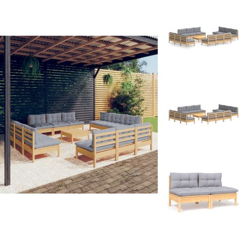 Gartenmöbel-Sets - Living 13-tlg. Garten-Lounge-Set mit Grauen Kissen Kiefernholz (1/5)