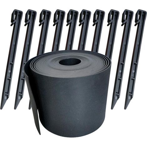 Bordure de Jardin en PE 10 mètres avec 12 Piquets d’ancrage Bordurette de Pelouse Aspect Naturel Hauteur 15cm Epaisseur 3mm noir (1/5)